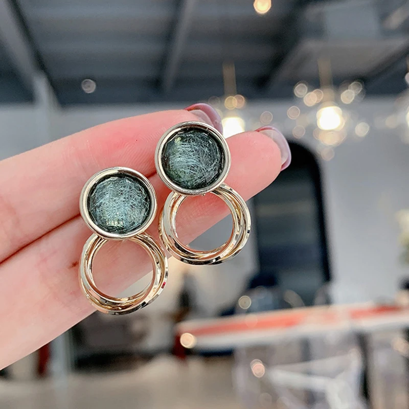 Корейский стиль женские круглые серьги с зеленым камнем геометрические золотые