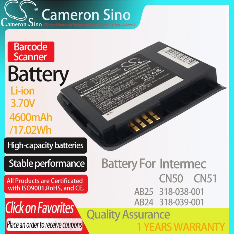 

Аккумулятор CameronSino для Intermec CN50 CN51, подходит для Intermec 318-038-001 318-039-001 AB24 AB25, штрих-код аккумулятор сканера, аккумулятор 4600 мА · ч, 3,70 в