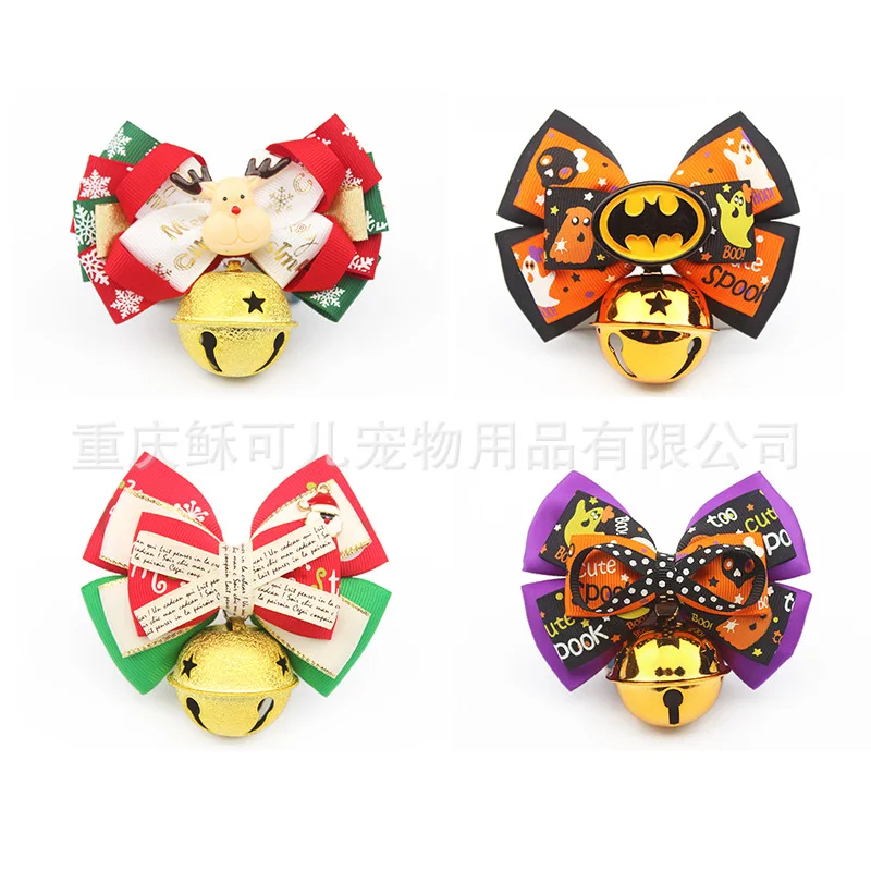

Рождественские орнаменты для воротника праздничная серия галстук-бабочка для домашних питомцев Хэллоуин кошка и Колокольчик для собаки во...