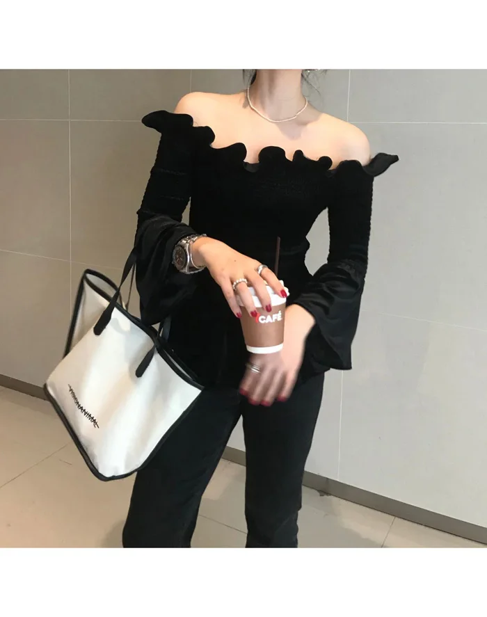 

Korean Style Chic off-Shoulder Elastic Stringy Selvedge Flare-Sleeve Slim Fit Pleuche Shirt Top Early Autumn