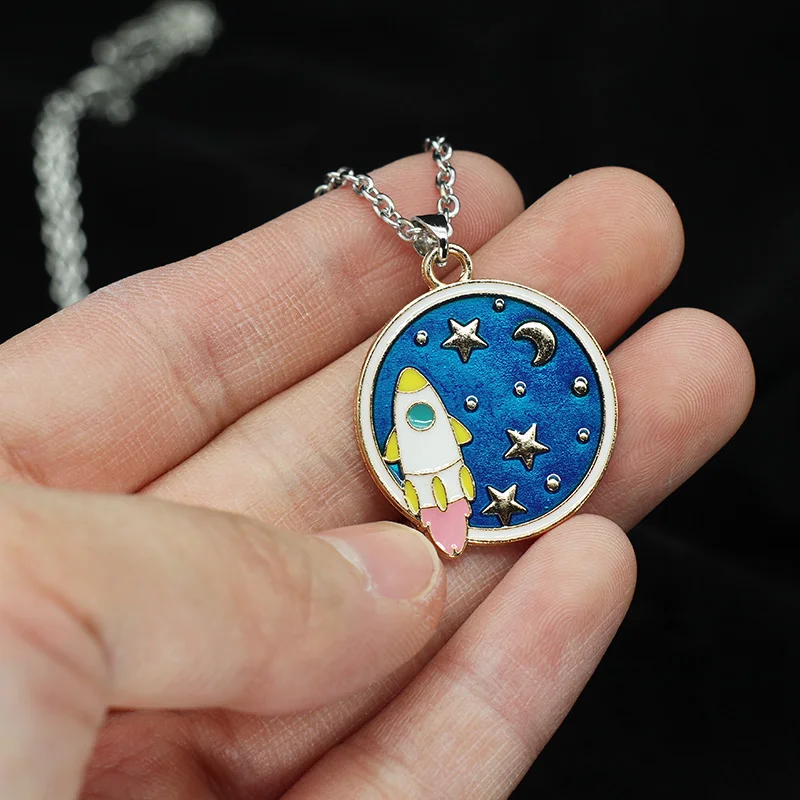 

Cartoon Mysterious Blanet Astronaut Saturn Blue Metal Alloy Necklace For Female Male Women Men New Style Colour Chain Pendant