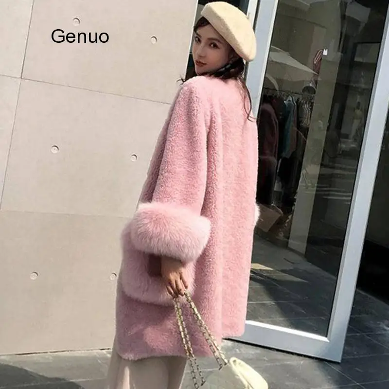 2020 Spring Women Solid Faux Fur Coats Lady Pockets Single Breastes Outwear Outerwear Female V-Neck Fur Jacket