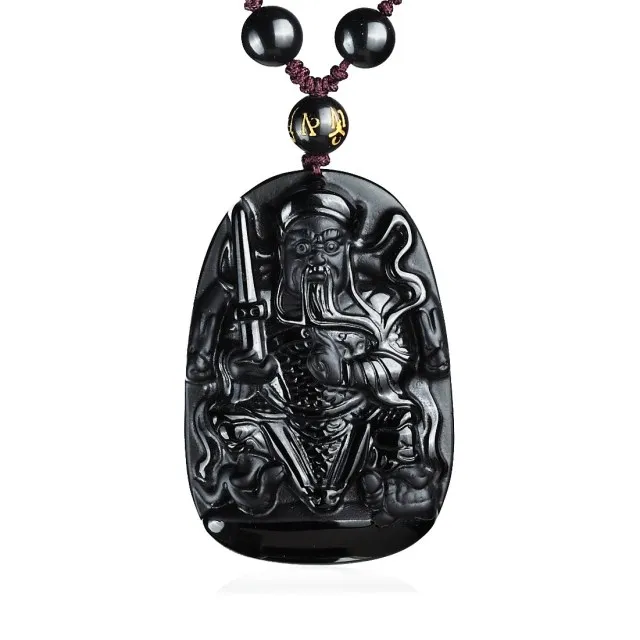 Ожерелье из натуральных черных бусин обсидиана ручной работы кулон Гуань Юй