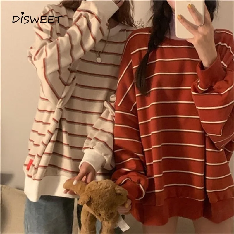 

Korean Striped Print Women's T-Shirt Stylish Loose Long Sleeve O-Neck Neck Teeswomen College Style Spring Tops 2022 New