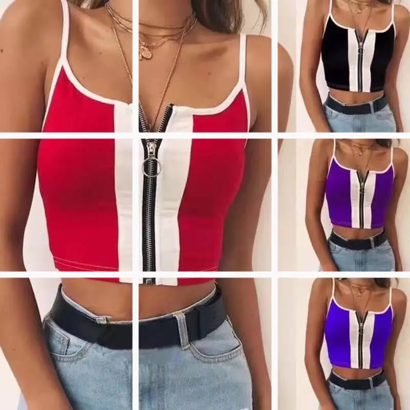 

2021 fashion new European and American fashion color matching zipper open chest chest tight-fitting knit camisole knit vest fema