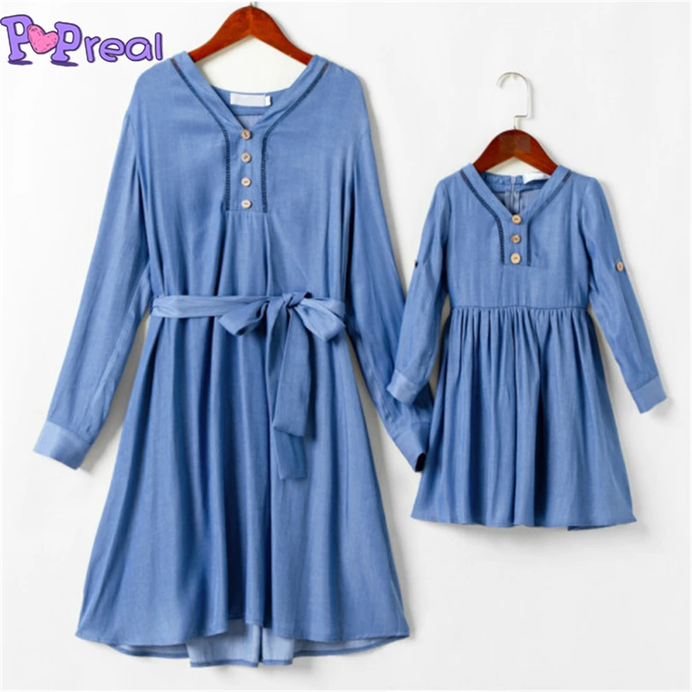 

PopReal Spring Autumn Mom And Daughter Dress V-Neck Buttons Family Matching Outfits Solid Long Sleeves Mother Kisd Dress