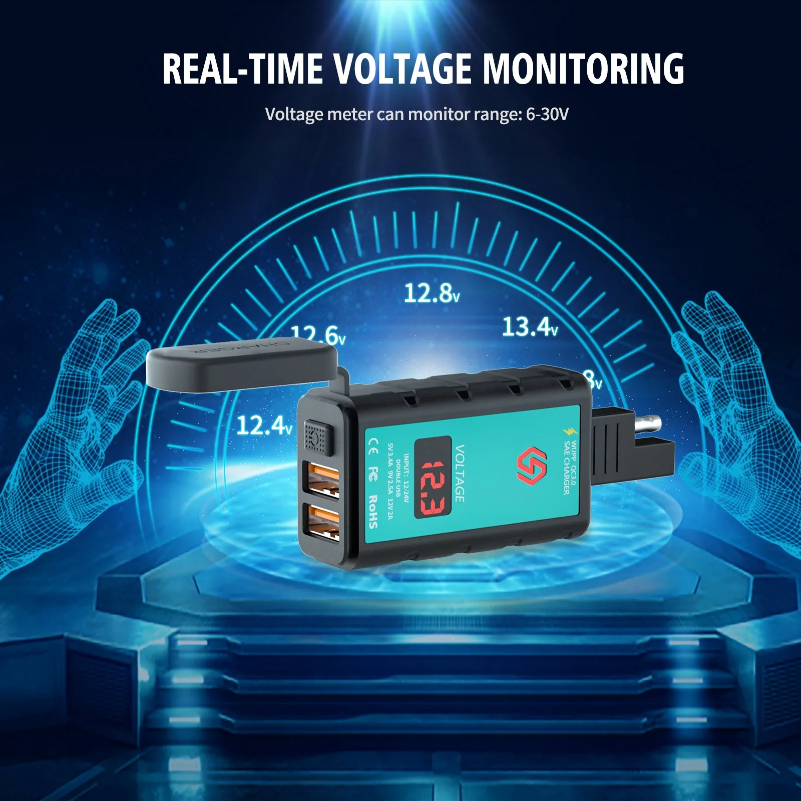 

DC12V-24V Motorcycle USB Charger Motorcycle USB Charger Integrated SAE Socket Voltmeter 66.6mm*38mm*21.3mm Black Universial