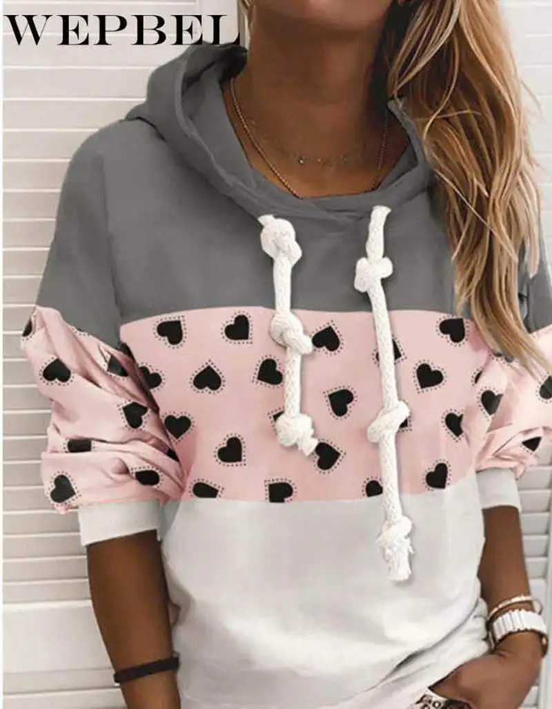 

WEPBEL Women Autumn Winter Patchwork Drawstring Hoodies Sweater Casual Loose Long Sleeve Hooded Coat Plus Size