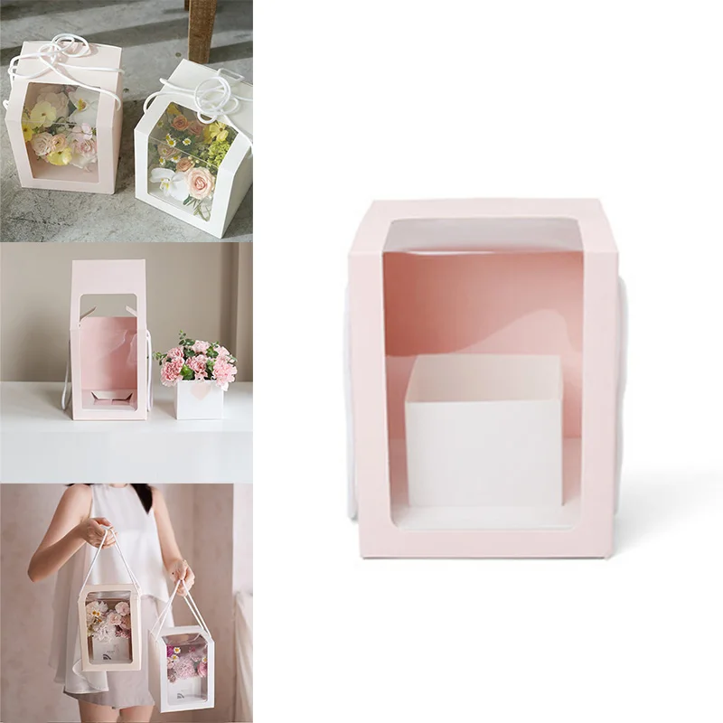 

Transparent Square Gifts Box With Window Fresh Flower Packing Boxes Pink Paper Bag For Father'S Day Wedding Birthday Party Gifts