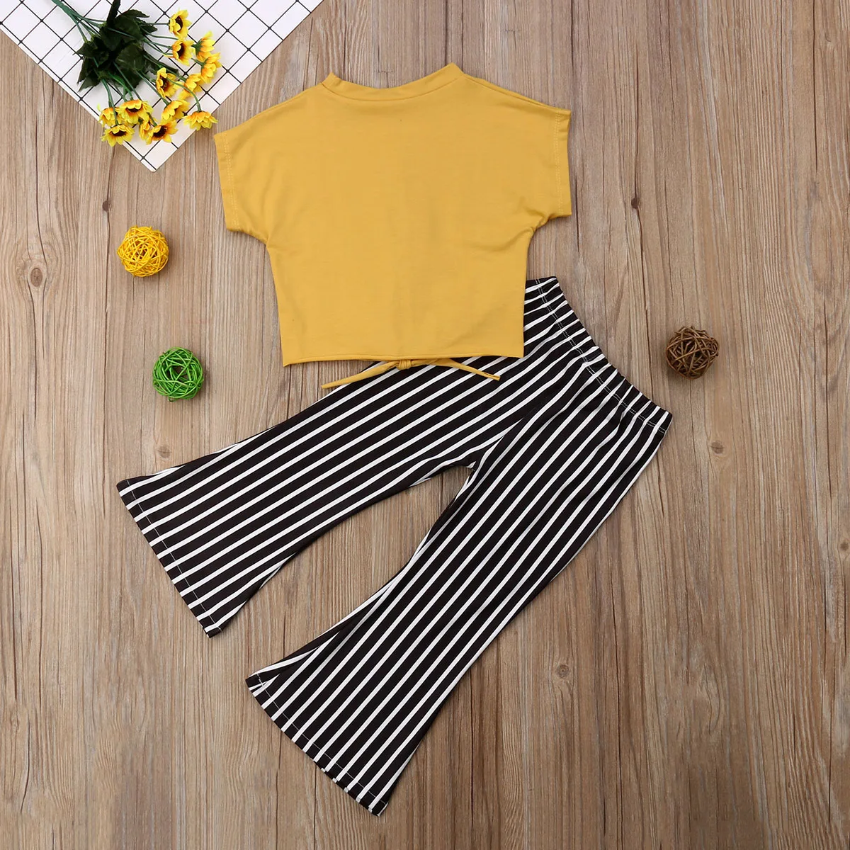 

2020 New Fall Autumn 2-7Y Toddler Kids Baby Girls Fashion 2Pcs Set Yellow Bow Short Sleeve Top+Striped Pants Children Outfits
