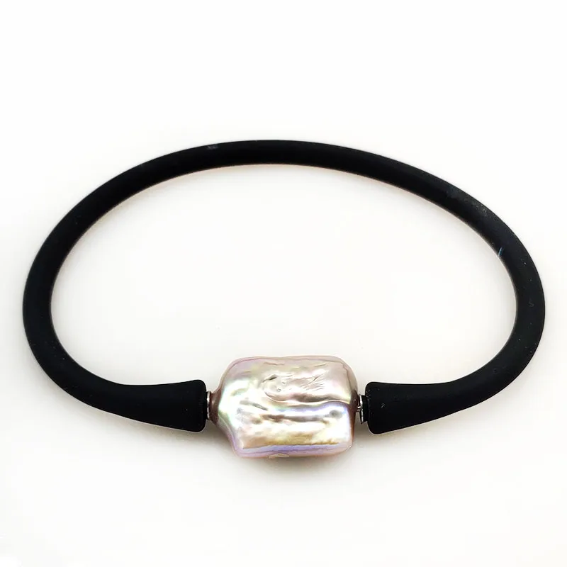 

10-16mm One AA Natural Square Baroque Pearl Black Elastic Rubber Silicone Bracelet