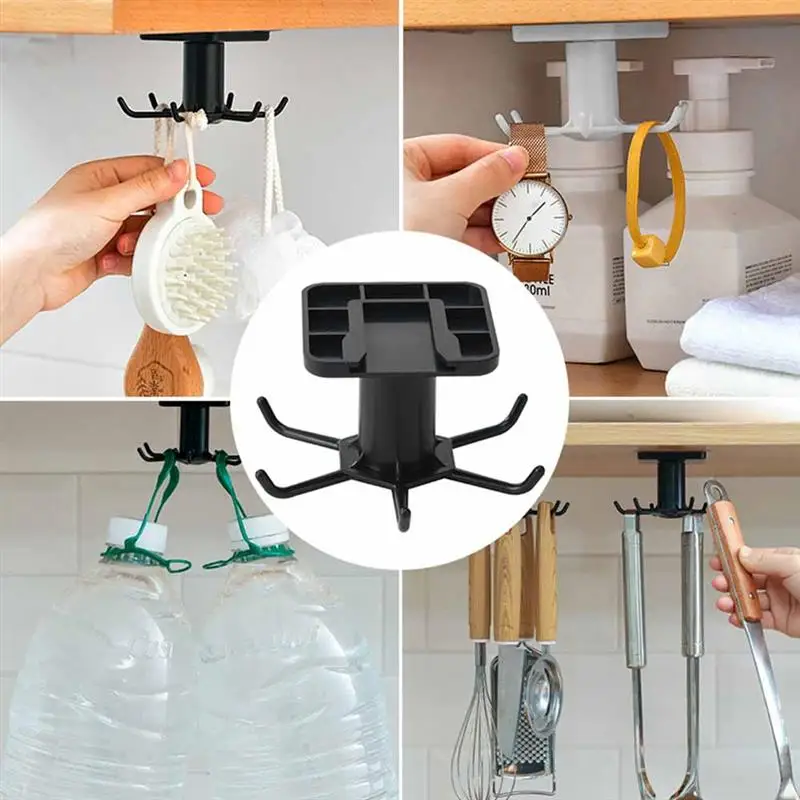 

360 Degrees Rotated Kitchen Hooks Self Adhesive 6 Hooks Home Wall Door Hook Handbag Clothes Ties Bag Hanger Hanging Rack