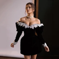 black off shoulder pearls velvet short prom dress long sleeves lace mini cocktail party gown robe de soiree vestidos fiesta