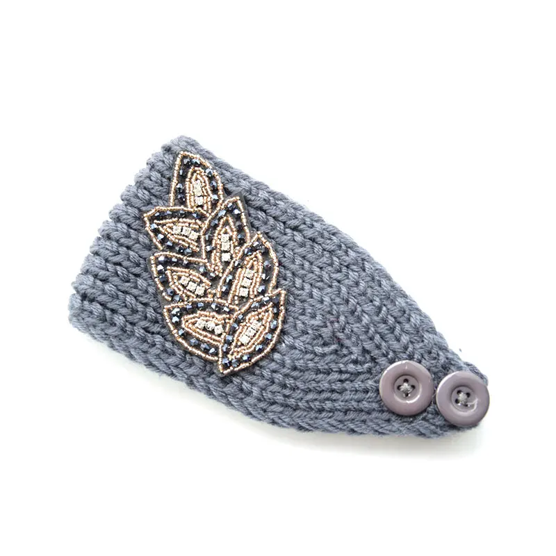 Женская зимняя однотонная вязаная повязка на голову со стразами теплый