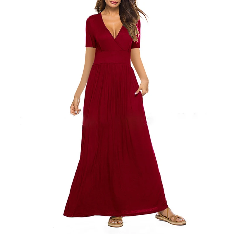 

Women V-neck Party Long Dresses 2021 New Summer Elegant Gown Flowers Printed Maxi Dress Ladies Short Sleeve Loose Vestidos Femme