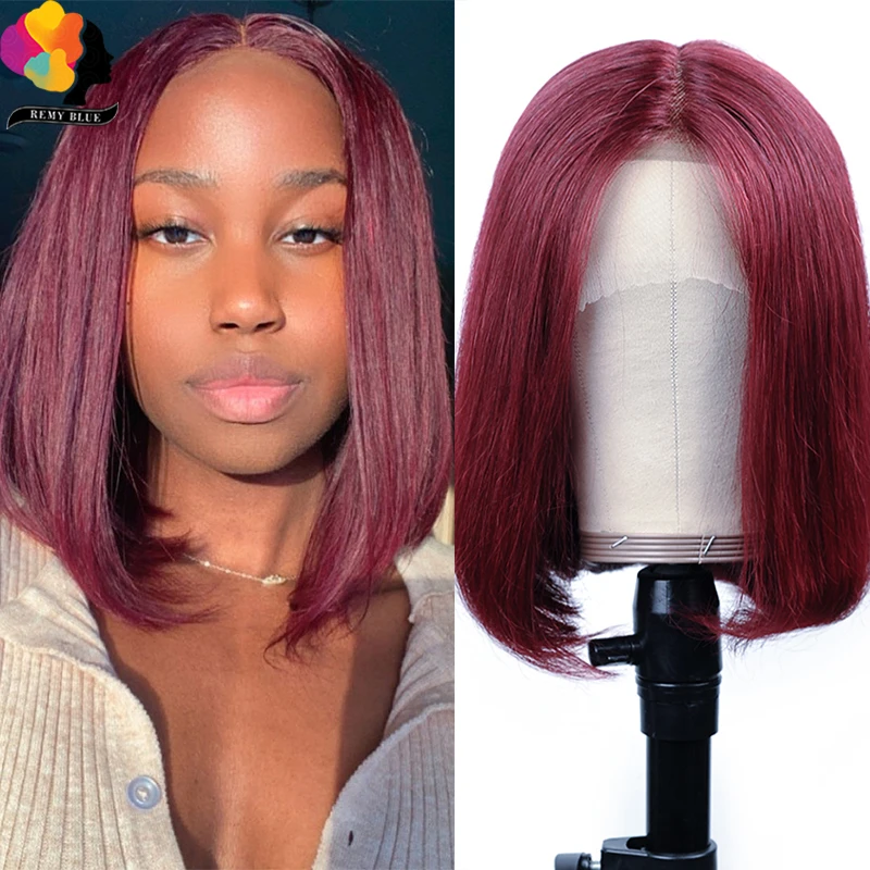 

Remyblue Burgundy 99J Short Bob Wig Lace Front Human Hair Wigs Pre-Colored Straight Lace Front Wigs 99J Red Brazilian Remy Hair