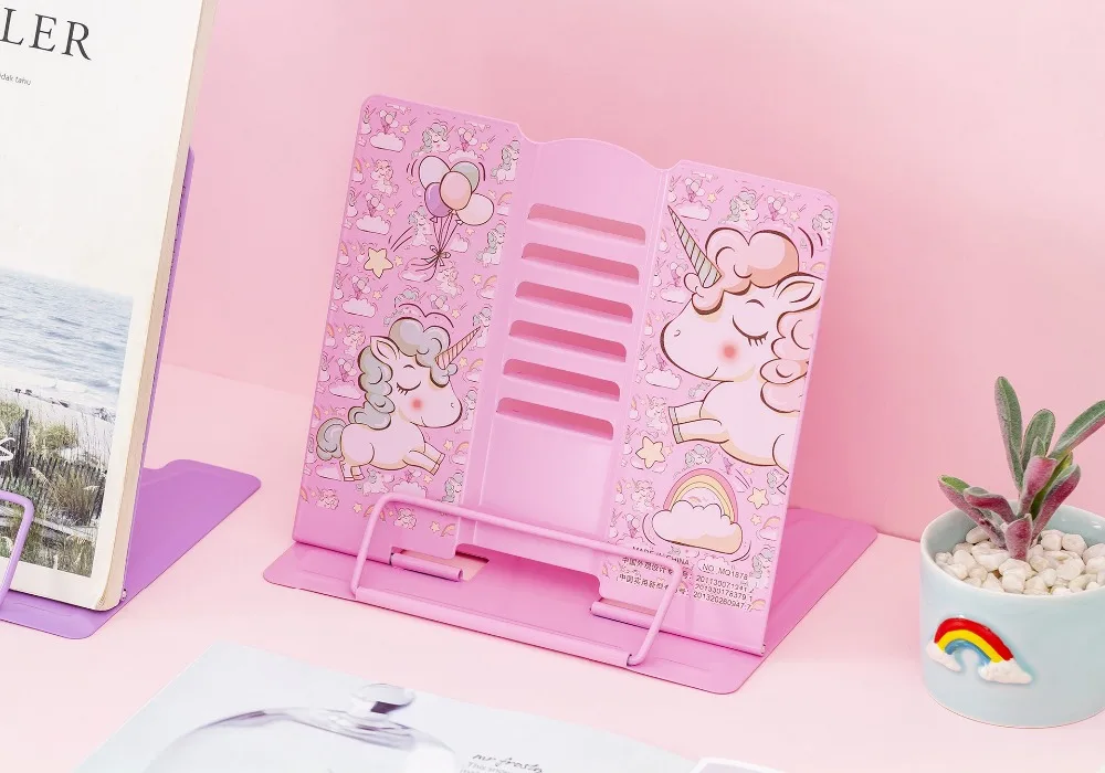 Kawaii Единорог Металлический регулируемый портативный держатель для книг для чтения складная подставка держатель книжная полка держатель для документов база канцелярские принадлежности