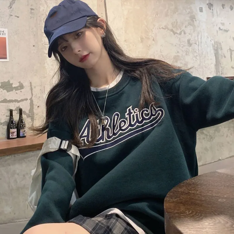 Женский флисовый пуловер с буквенным принтом Однотонный свитер в стиле ретро