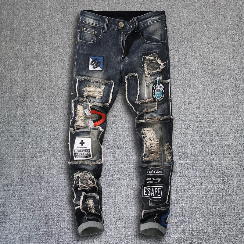 Autumn Embroidered Slim Feet Pants Fashion Hip-hop Rock Tide Casual Trousers 73%cotton Erkek Kot Pantolon Men's Male Denim Jeans | Мужская