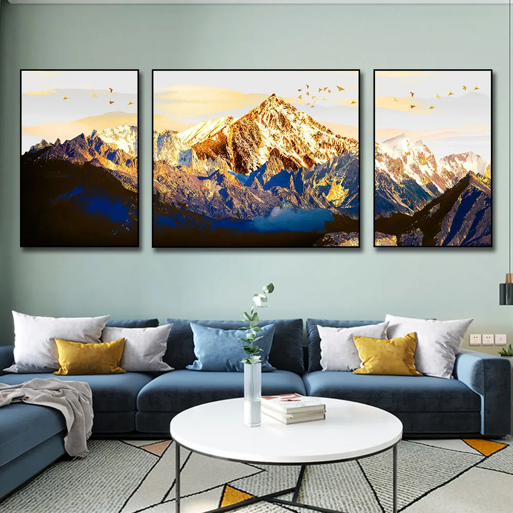 

3PCS Golden Mountain Canvas Interior Paintings Prints Modern Aesthetic Landscape Wall Art Poster Pictures Home Decor Unframed
