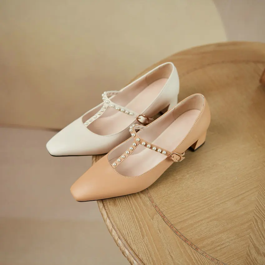 

QUTAA 2021 Pointed Toe Elegant Women Pumps Microfiber Spring Autumn Female Shoes String Bead T Strap Square Heels Big Size 34-43
