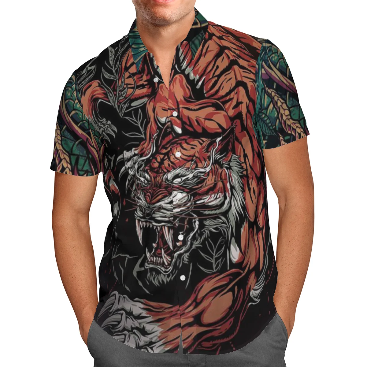 

Cool Tiger Print Short Sleeve Shirts For Men Loose Cardigan Button Shirts Plus Size Hawaiian Style Summer 2021 Ventilated Shirt