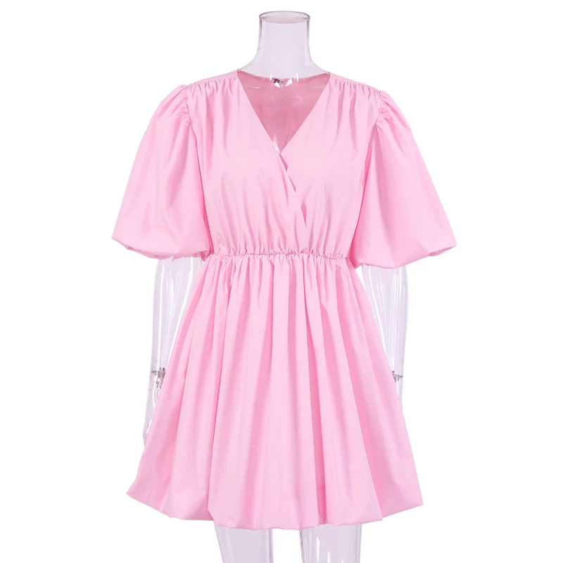 

Summer New Women Fashion Cross V Neck Puff Sleeve Dress Solid Color Retro Dress High Waist Flowy Hem Mini Dress