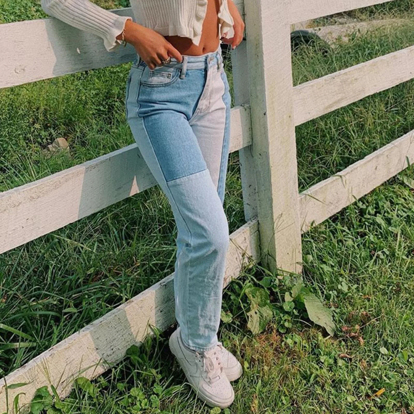 Модные женские уличные Лоскутные прямые джинсы винтажные повседневные