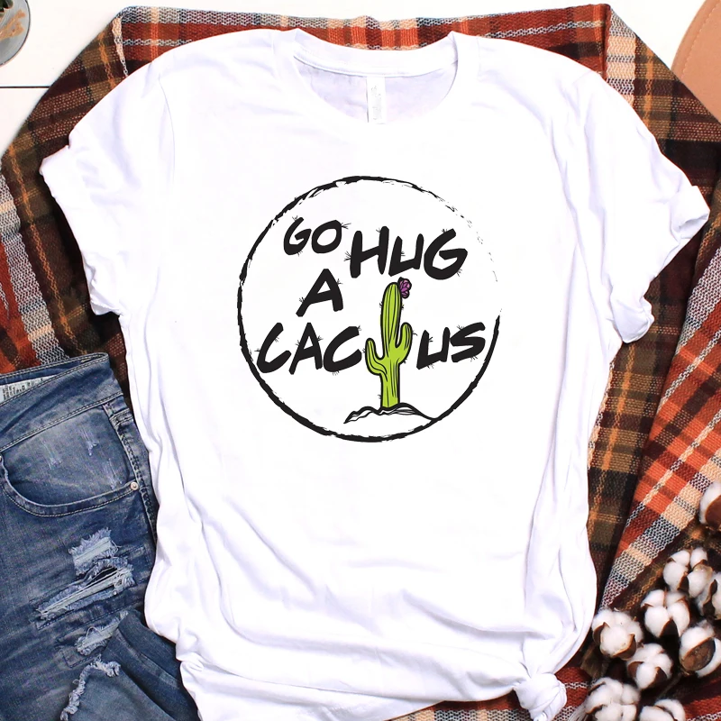 

Women Lady T Shirt Cute Cactus Cat Printed Tshirt Ladies Short Sleeve Loose Tee Shirt Women Female Tops Clothes Graphic T-shirt