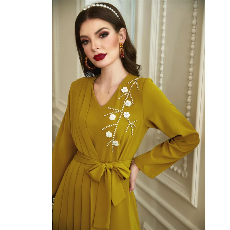

Yellow Dress Women 2021 Spring Autumn New Europe And America Plus Size Loose V-Neck Long Sleeve Temperament Dress Feminina N929