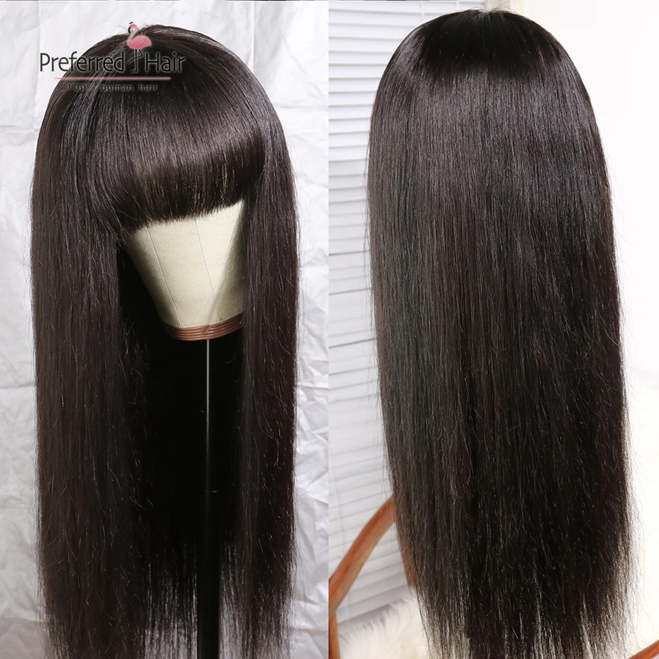Natural Color Предпочтительный цвет красный, оранжевый, 13x6 Синтетические волосы на кружеве парики с челкой бразильский Реми прямые розовый парики из натуральных волос с Африканской структурой, прозрачные кружевные парики для Для женщин - Цвет: Natural Color