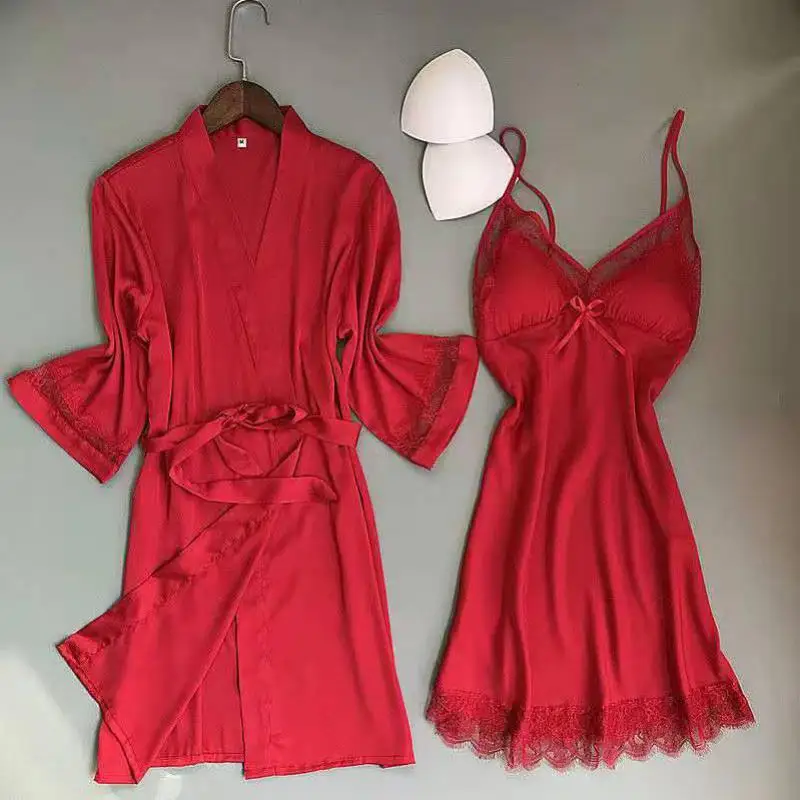 

Wedidng Robe Set SEXY Sleep Set Spring Summer New Satin Intimate Lingerie Women Homewear Casual 2PCS Kimono Bathrobe Gown