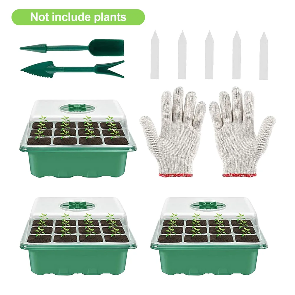 

Nursery Box Set 12-Hole Tags Planting Reusable Hand Tool With Lids Humidity Adjustable Home Crop Cultivation Drain Growing Trays