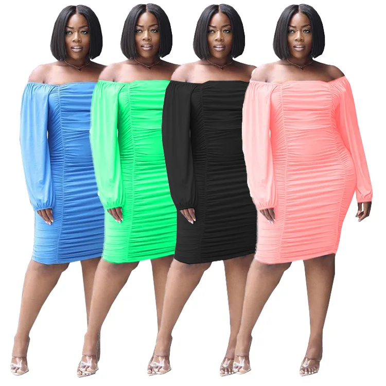 

Slash Neck Women Pure Color Shirring Dresses 2021 Autumn Charming Full Sleeve Bodycon Knee-length Stretch Dresses INS Hottest