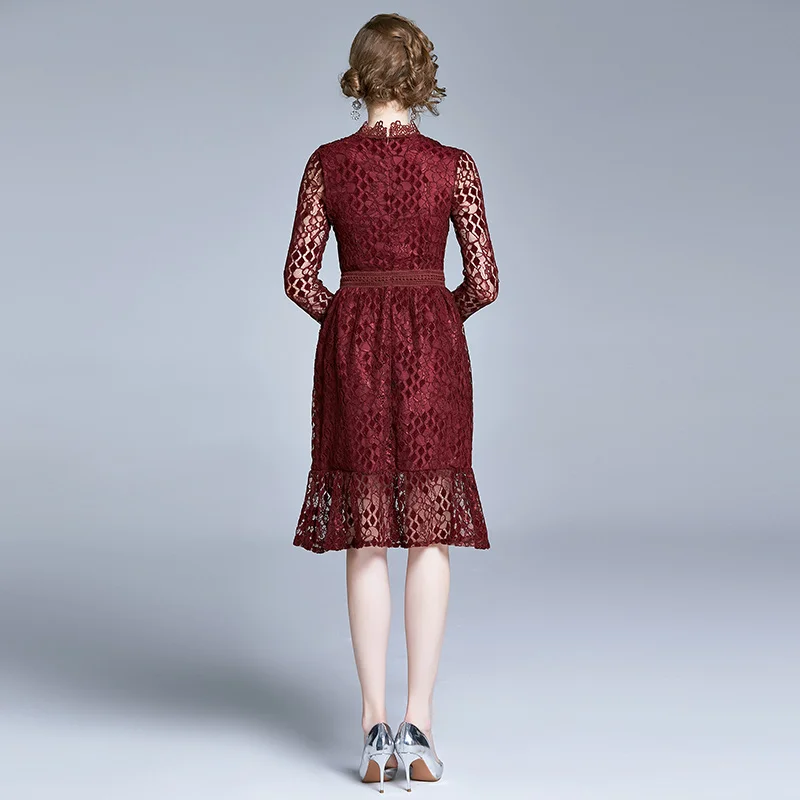 

COIGARSAM Lace Women dress New Hollow Out Dresses Wine Red 1105