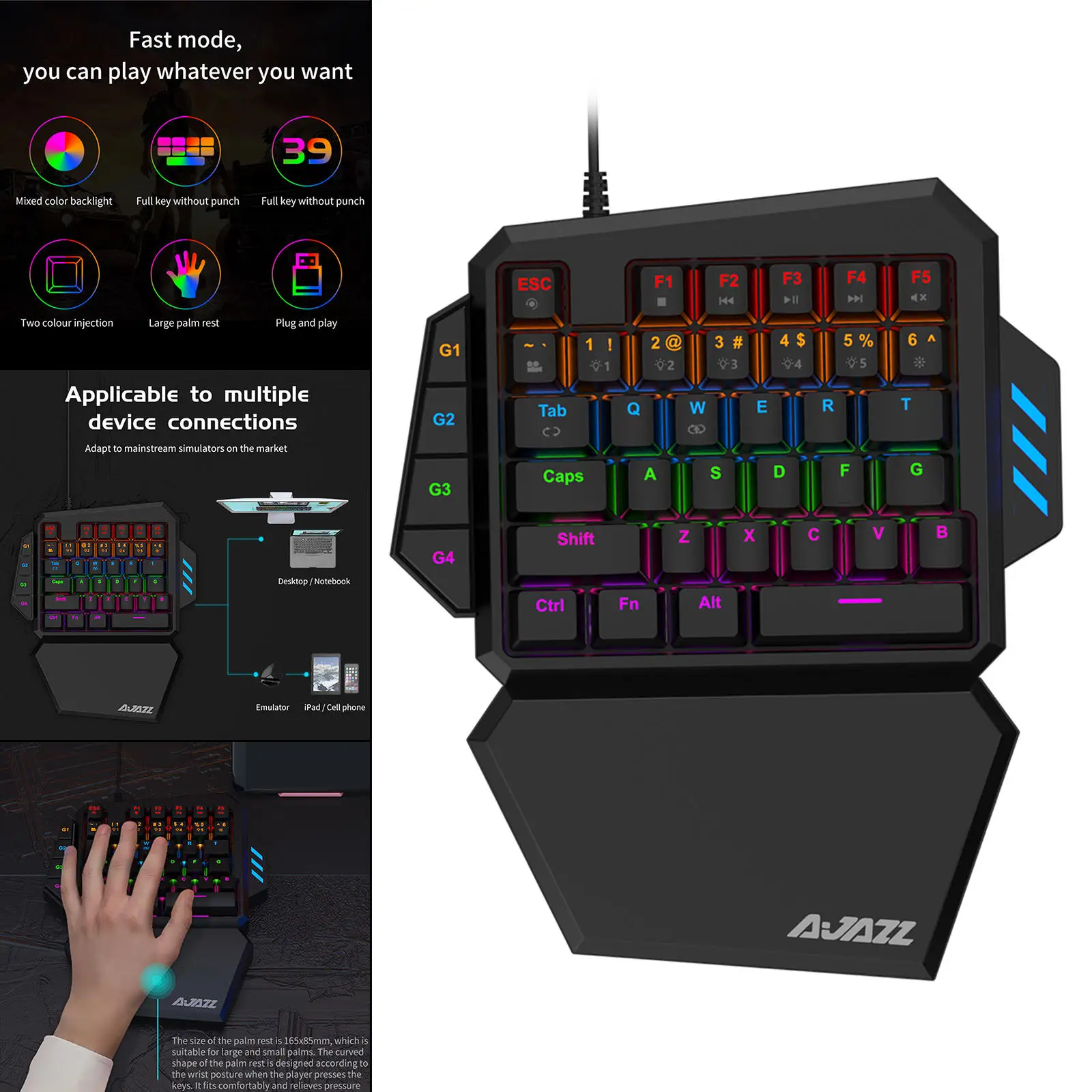 One-Handed Merchanical Keyboard 39 Key Keypad for Professional Gamers with Detachable Wrist Rest Cherrymx Blue Switch Accessory