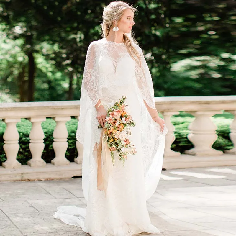 

Boho Lace Wedding Dress with Cape Long Lace Wrap Mermaid Bohemain Garden Wedding vestido de noiva Bridal Gowns Long Sleeve