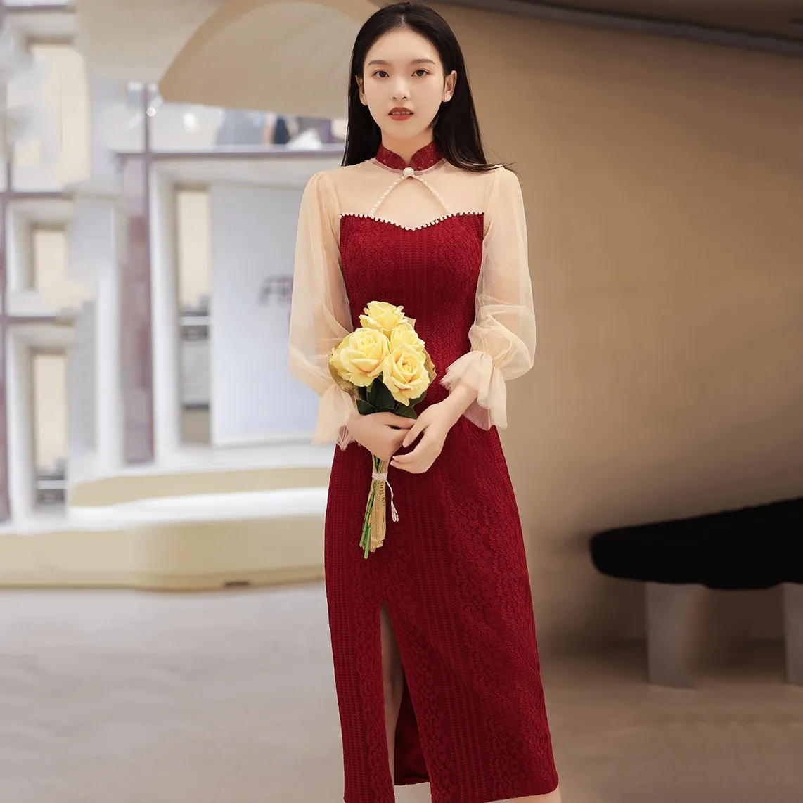 Элегантное кружевное вечернее платье-Ципао с воротником-стойкой | Тематическая