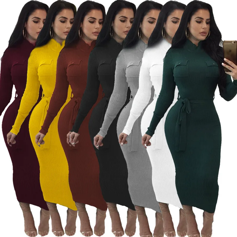 

2022Autumn winter Women long-sleeved tight-fitting buttocks pencil bottoming slim sexy long dress