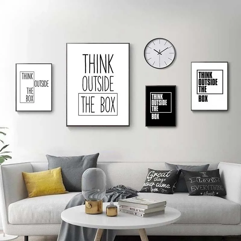 

Think Outside The Box Letter Canvas Painting Inspirational Motivational Black Typography Poster Wall Art Modern Print Pictures