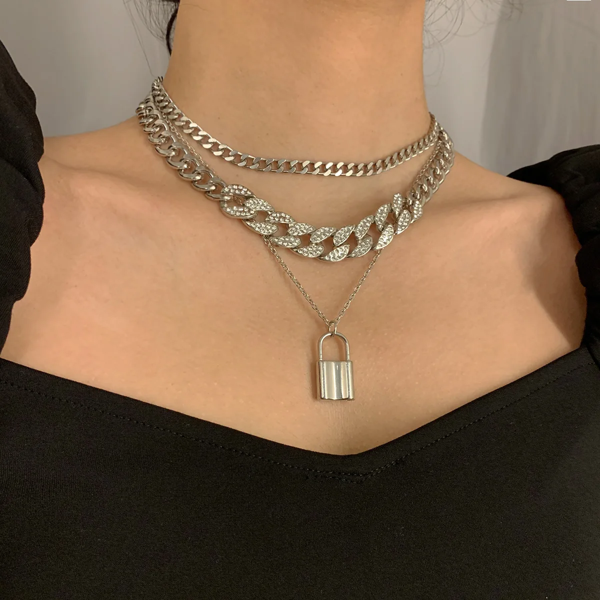 

Lock Pendant Necklace Thick Thin Multilayer Chain Accessories Thick Hyperbole Fashion Jewelry Choker Necklaces For Women Punk