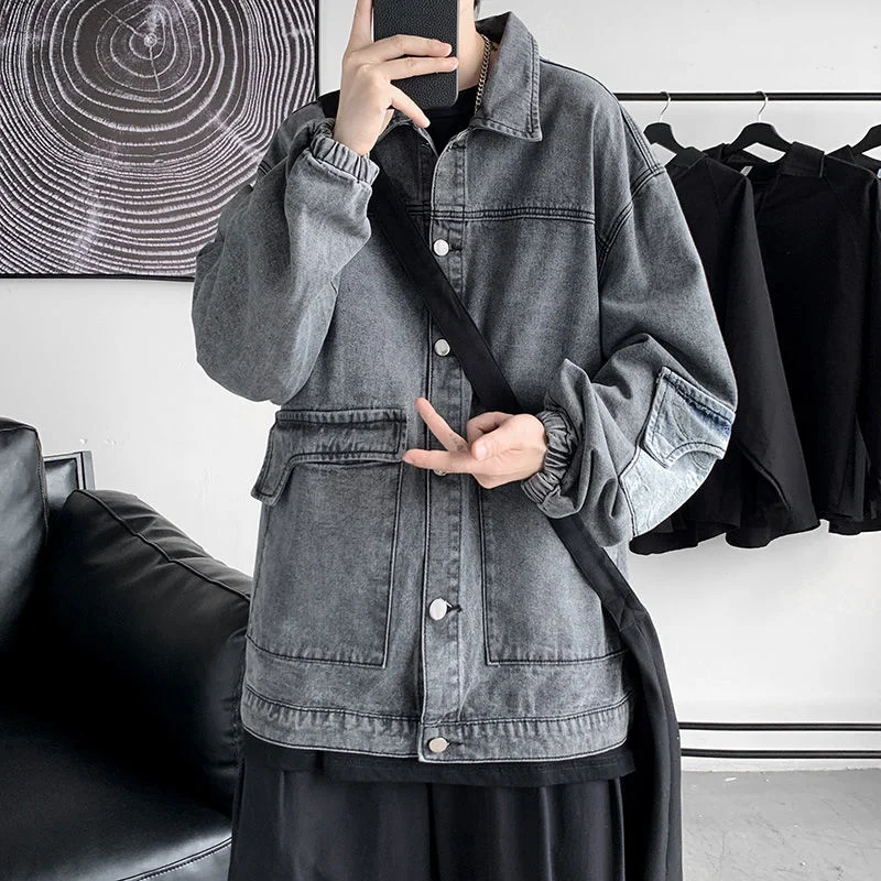 

Autumn Blue/Grey Denim Jacket Men's Fashion Retro Pocket Tooling Jackets Mens Streetwear Loose Hip-hop Bomber Jacket Men S-2XL