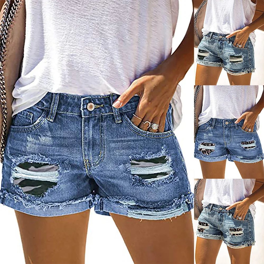 

Летние модные повседневные камуфляжные Рваные джинсовые шорты с леопардовым принтом Подсолнух питон Женские-40