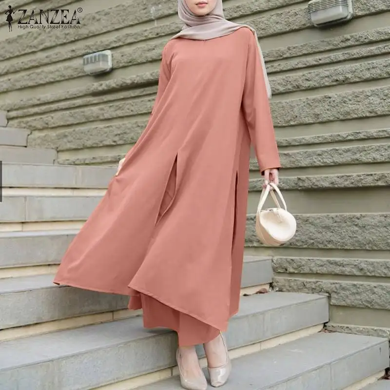 

Женский турецкий Повседневный свободный кафтан ZANZEA в турецком стиле на осень, 2 шт., однотонная блузка и брюки с широкими штанинами, вечерние...