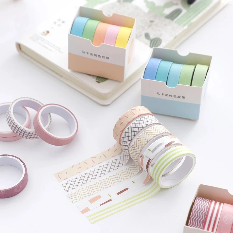 5Rolls/Set KawaiI Geometry Solid Color Washi Tape Decorative Masking Cute Scrapbooking Adhesive Office School Stationery Supplie |
