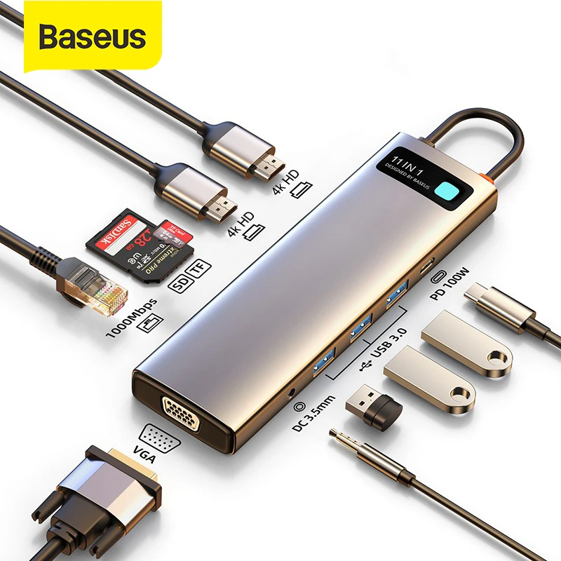 

Baseus USB C HUB to HDMI-compatible VGA USB 3.0 Adapter 9/11 in 1 USB Type C HUB Dock for MacBook Pro Air PD RJ45 SD Card Reader