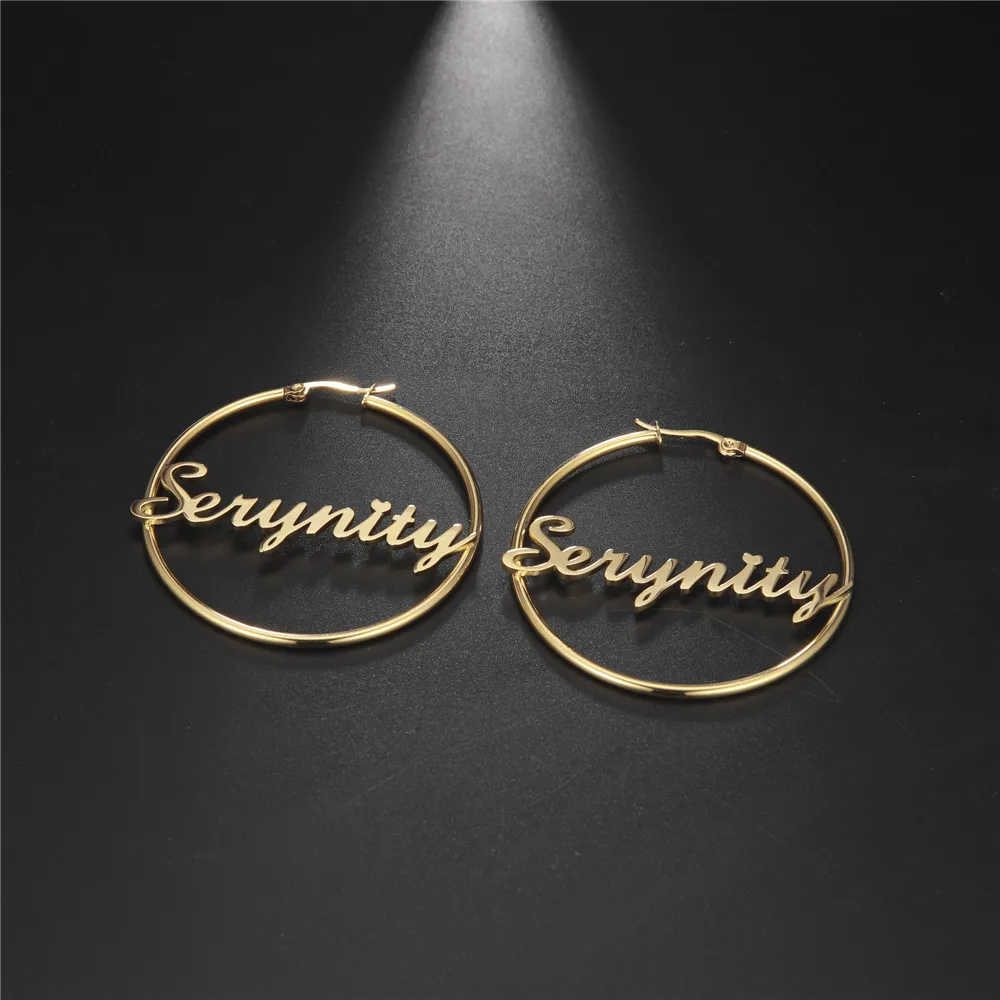 Cazador Custom Name Hoop Earrings Personalized Gold Color Stainless Steel For Earrings Women Letter Nameplate Circle Jewelry images - 6