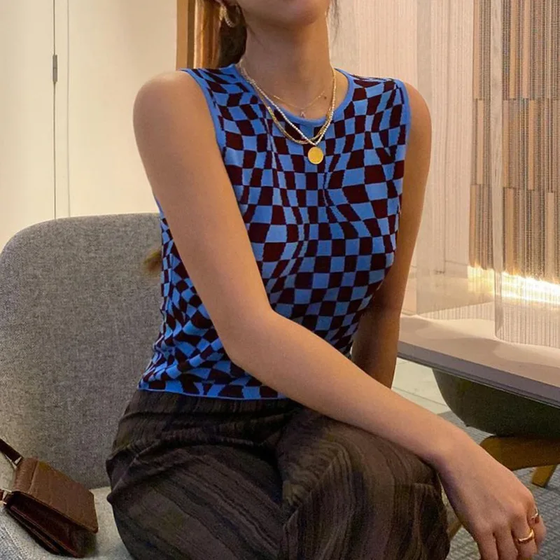 

Ladies Woolen Vest Tank Tops Knitting Camis Irregular Plaid Contrast Stitching Round Neck Sleeveless Halter Top Sling Tanks 2021