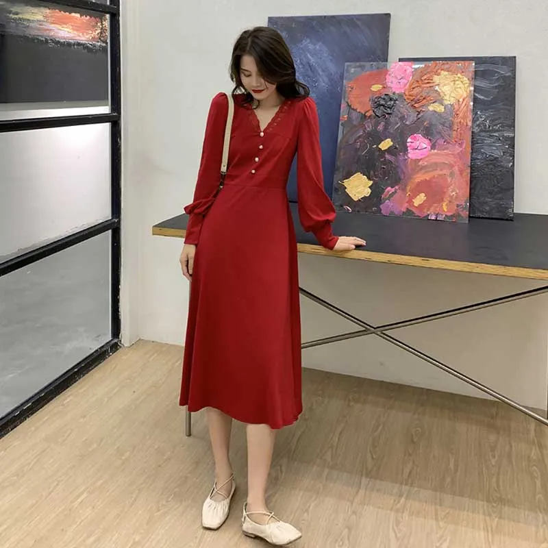 

Vintage Elegant Women Slim Long Sleeve Dresses 2021 Fashion Spring Autumn Party Holiday Dress One-Piece Korean Lady Midi Dress