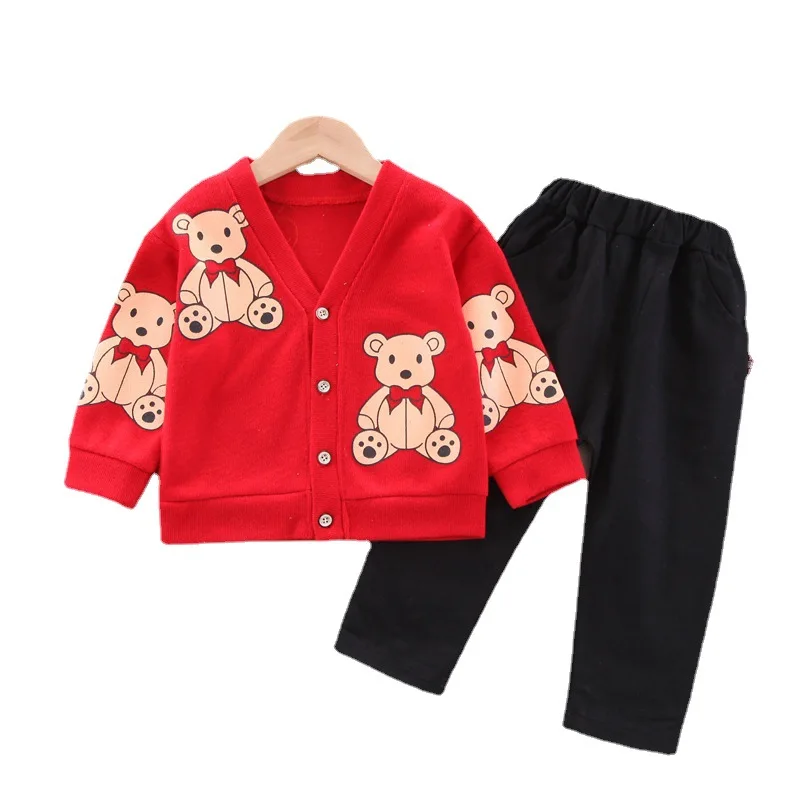 

New Toddler Boys Gentleman Sets Spring Autumn Kids Cartoon Bear Coat+ Pure Black Pants 2Pcs Fashion Suits for Baby Girls Outfits